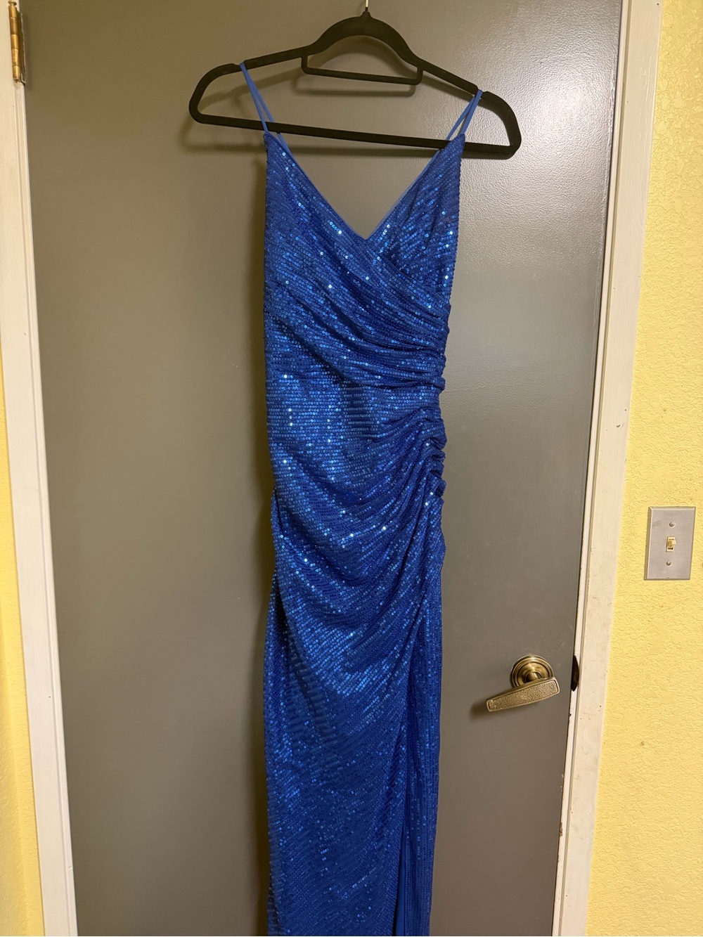 Blue Sequin Ruched Slip Dress - Elegant Evening Gown